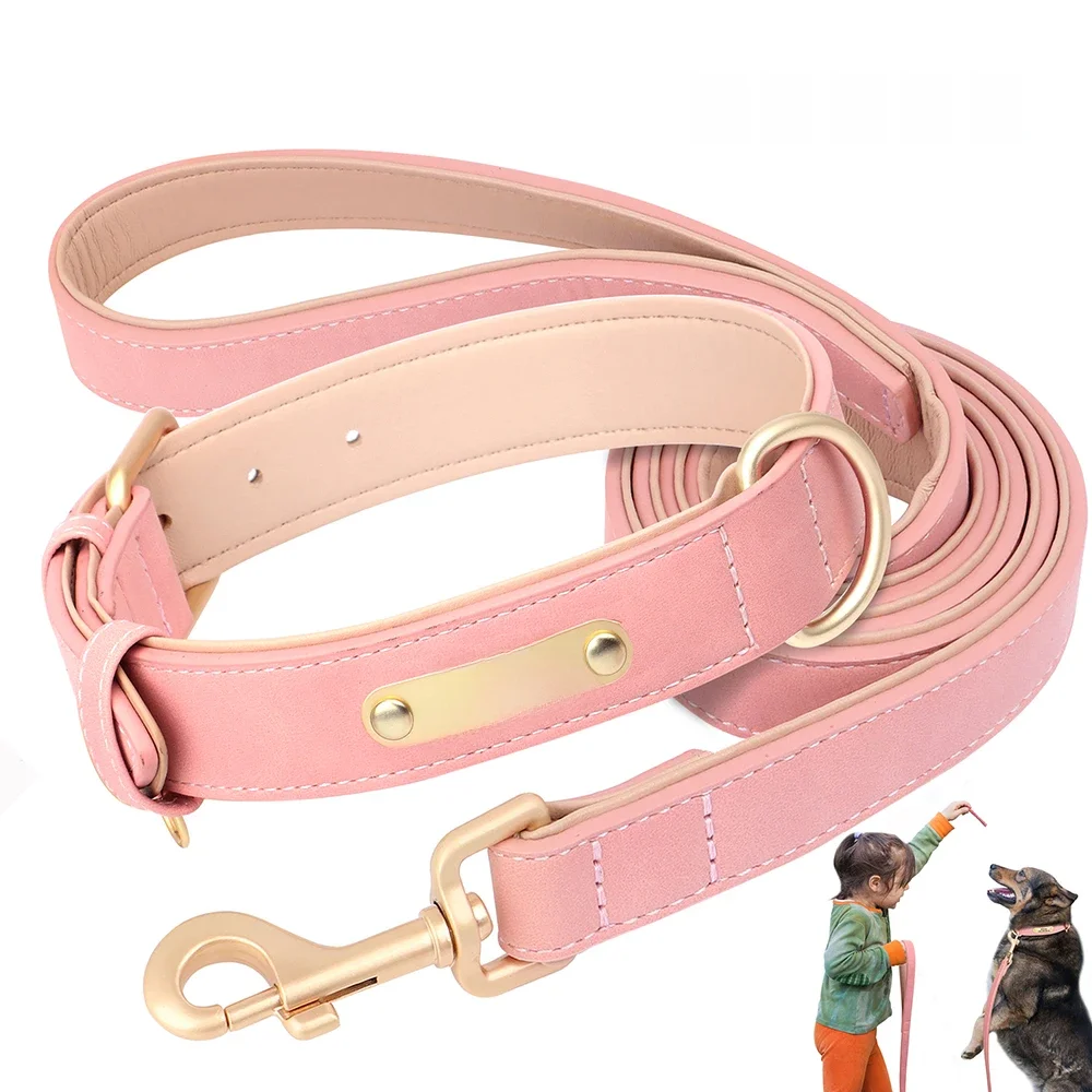 Laisse de collier de chien personnalisée en cuir PU, corde de marche pour animaux de compagnie, pour petits, moyens et grands chiens, plaque signalétique d'identification personnalisée gratuite