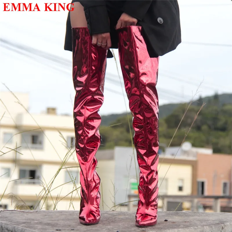 

Fashion Patent Leather Chunky Heel Thigh High Boots Women Sexy High Heels Lady Party Shoes Woman Pointed Toe Over The Knee Boots