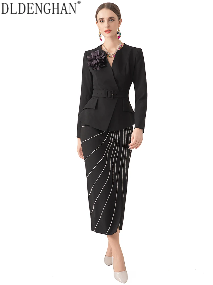 DLDENGHAN Women V-Neck Long Sleeves Three-dimensional Flower Sashes Accessories Spring Autumnal Office Lady Skirt 2-Piece