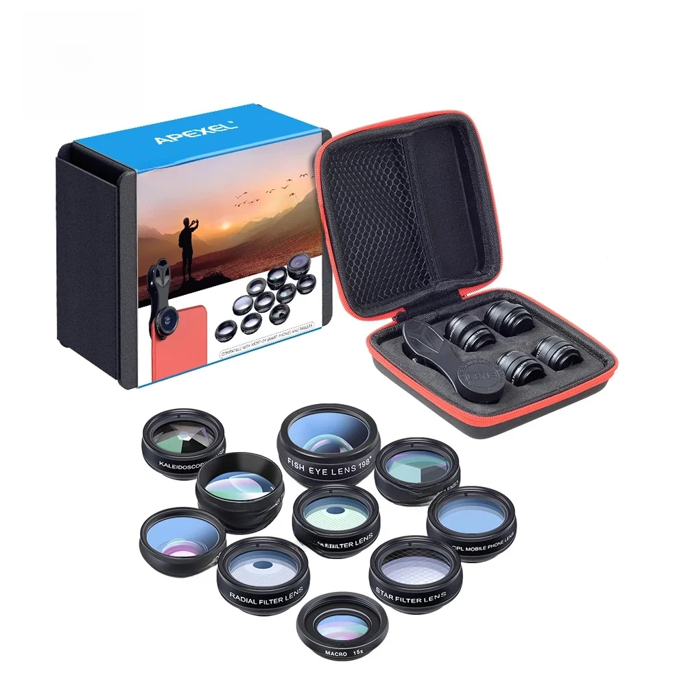 APEXEL – kit d'objectif de téléphone universel 10 en 1, objectif macro grand Angle Fisheye, filtre CPL kaléidoscope + objectif de télescope 2X pour smartphone