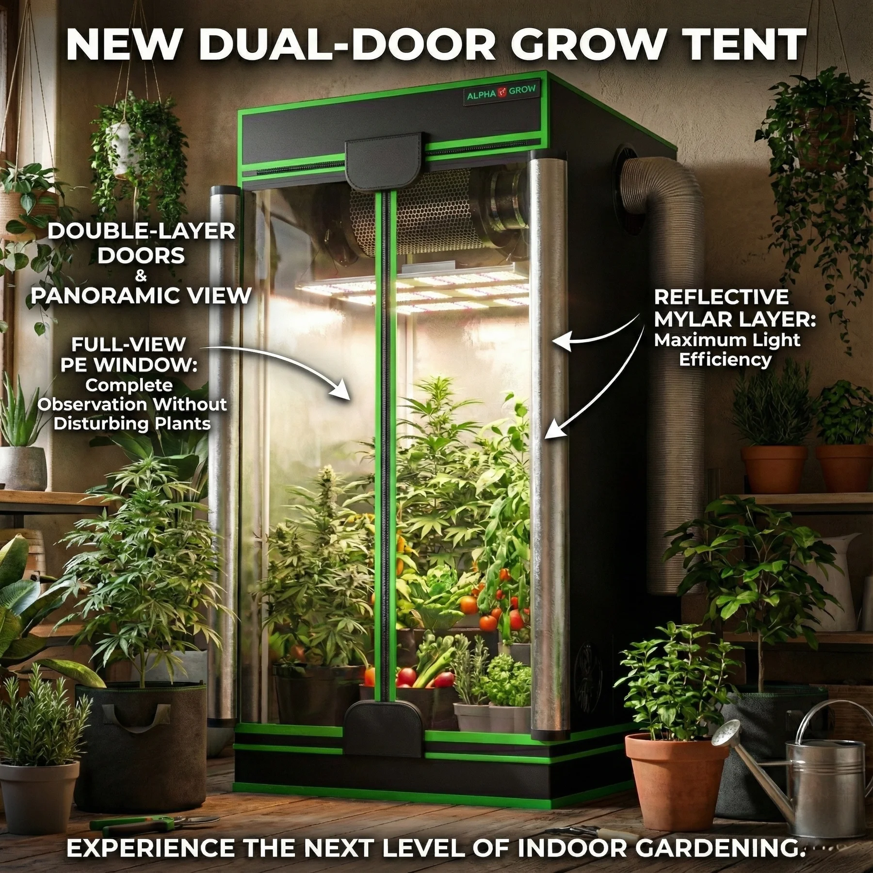 Alpha Grow Full View Double Door Tent 2x2 4x2 4x4, 1680D Diamond Mylar Lining, Large Observation Window, SBS Zipper, Steel Frame