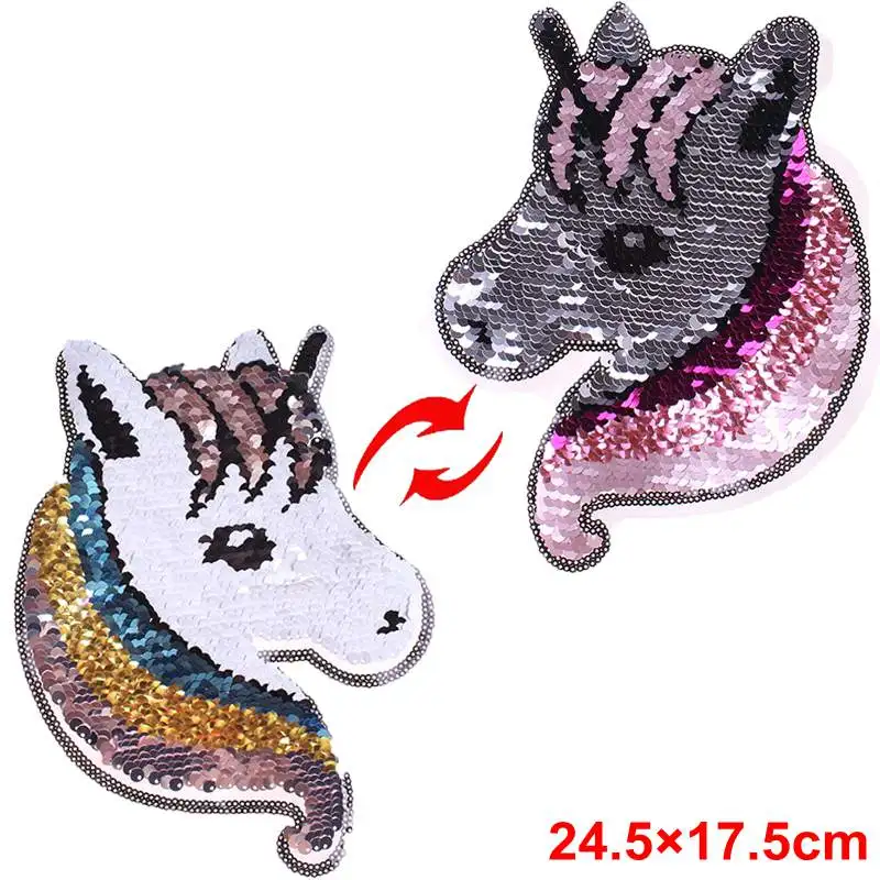 Unicorn Cloth Patches Reversible Change Color Sequins Applique For Clothing Stickers DIY Sew On Patches On Clothes Cartoon Patch