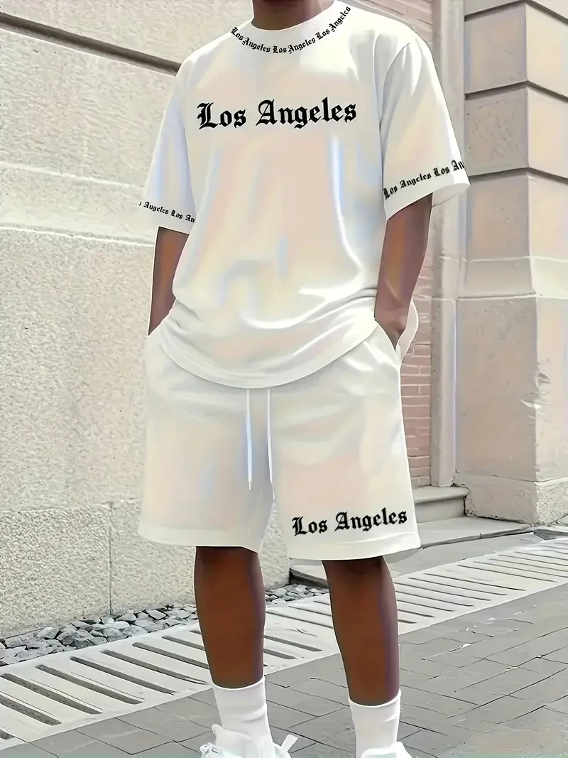 Men's Los Angeles Print Short Sleeve T-Shirt & Shorts Set Round Neck Gradient Short Sleeved Women's T-shirt Shorts Set