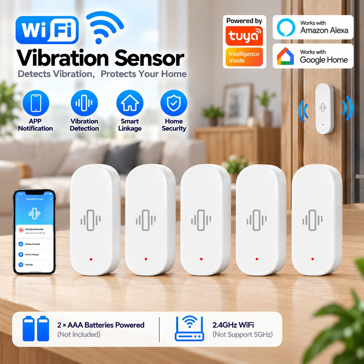 WLAN-Vibrationssensor für Zuhause mit APP-Benachrichtigung, Echtzeit-Bewegungs- und Erschütterungsalarm, Verlaufsaufzeichnung, Sicherheitssystem Kompatibel mit Tuya Smart