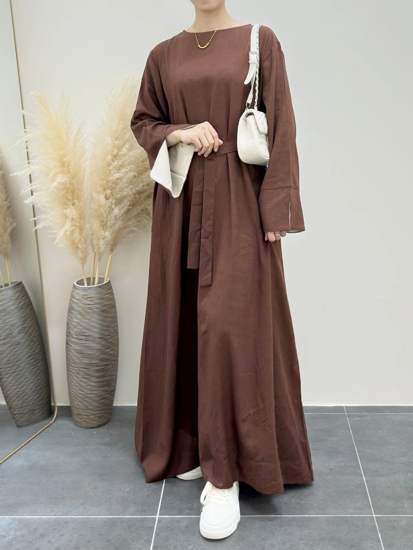 Fumidar linen abaya Linen Color-Block Long-Sleeve Maxi Dress