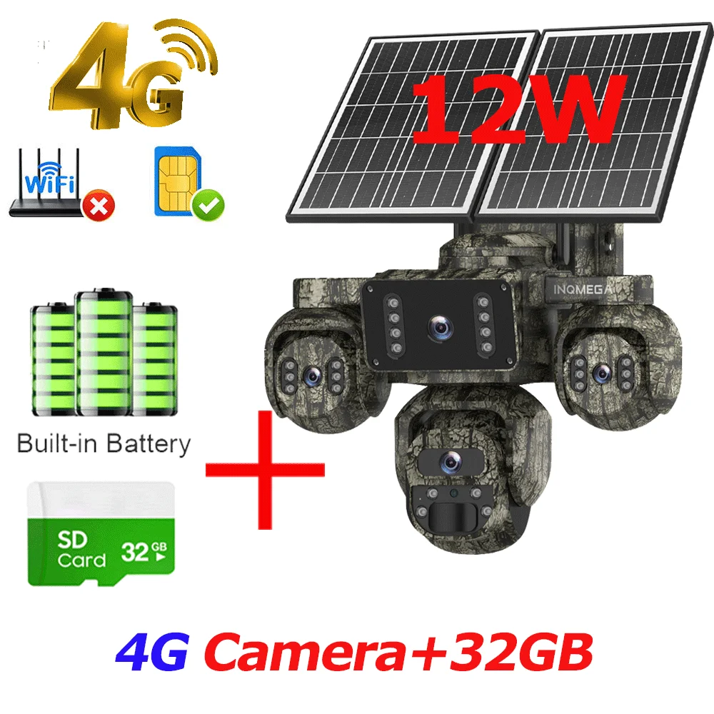 20MP 4-lens 4-scherm zonne-energie beveiligingscamera 4G SIM buiten met 24/7 opname AOV draadloos CCTV bewakingssysteem