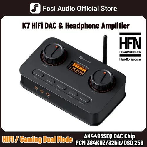 Fosi Audio K7 HiFi DAC amplificador de auriculares Bluetooth entrada de micrófono USB Audio Gaming DAC para PS5 PC Switch, PCM 384kHz/32Bit y DSD256