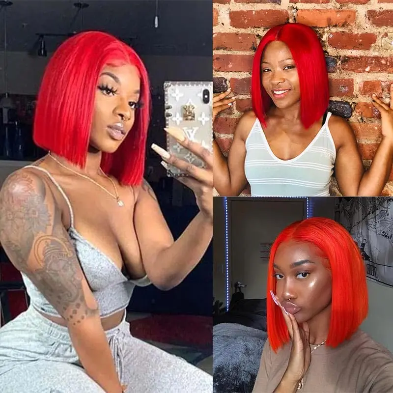 Pelucas delanteras de encaje Bob rojo 13x4, cabello humano liso de 180% de densidad, pelucas Bob con malla frontal transparente HD, peluca Bob de color de cabello humano