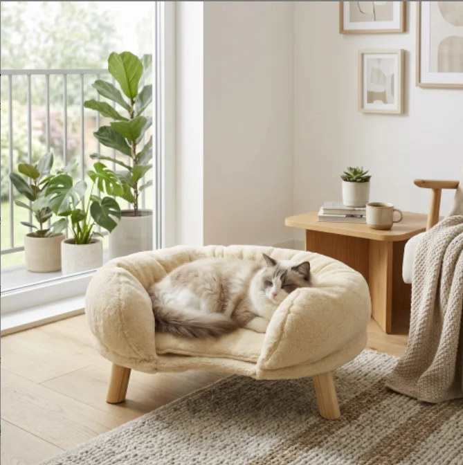 Stevige houten kattenbank, zacht comfortabel kattenbed, warme binnenhuis ligplaats voor kittens en kleine huisdieren
