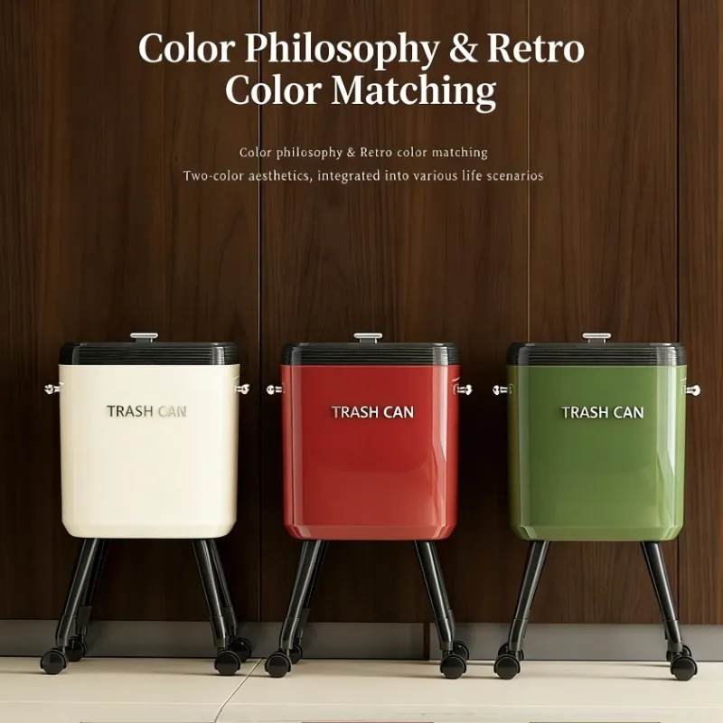 A retro high-top rolling trash can with a sealed lid and built-in bag press ring, featuring four wheels and four legs, a smooth trash can with side handle and cabinet hook, removable inner bucket, decorative trash can.