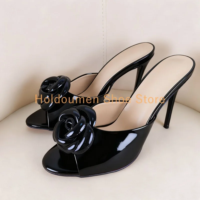 

Black Handmade Flowers Multicolor Patent Leather Peep Toe Mule Slippers Sexy Slingback Concise Fashion Stiletto Night Party Shoe