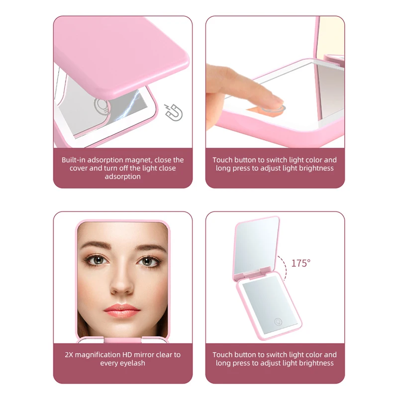 مرآة مكياج LED بزر واحد، مفتاح مغناطيسي ثلاثي الألوان، مرآة محمولة قابلة للطي، مرآة مكياج، مرآة زينة