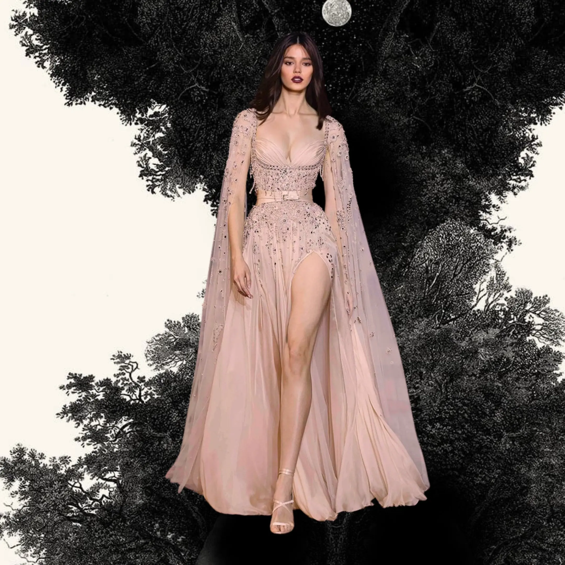 Flowing Cape Sleeve Pearl Crystal Rose Gold Bridal Gown Draped Long Sleeve A-Line Dress Formal Evening Gown فساتين السهرة