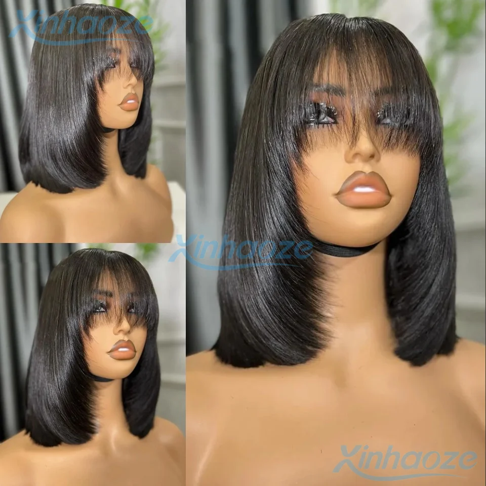 

#1b Fringe Human Hair Short Bob Wigs Pre Plucked Remy Brazilian Glueless 13x6/360 Lace Front Wigs With Bangs 5x5 Silk Top Wigs