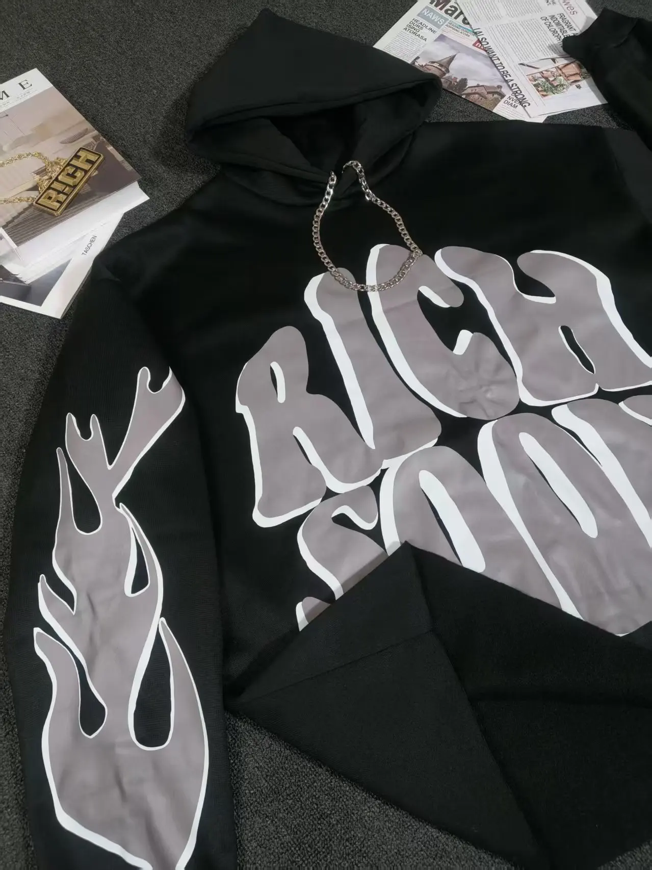 

Мужская толстовка в стиле Харадзюку, повседневная толстовка с капюшоном и 3D-принтом букв "RICH SOON" с длинными рукавами