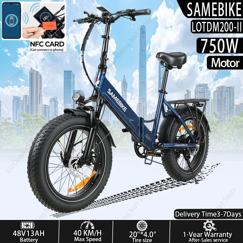 SAMEBIKE LOTDM200-II Vélo électrique pliable, moteur 750W, batterie 48V13AH, clé intelligente NFC, vélo électrique pour adultes, ville, montagne, neige, E-bike