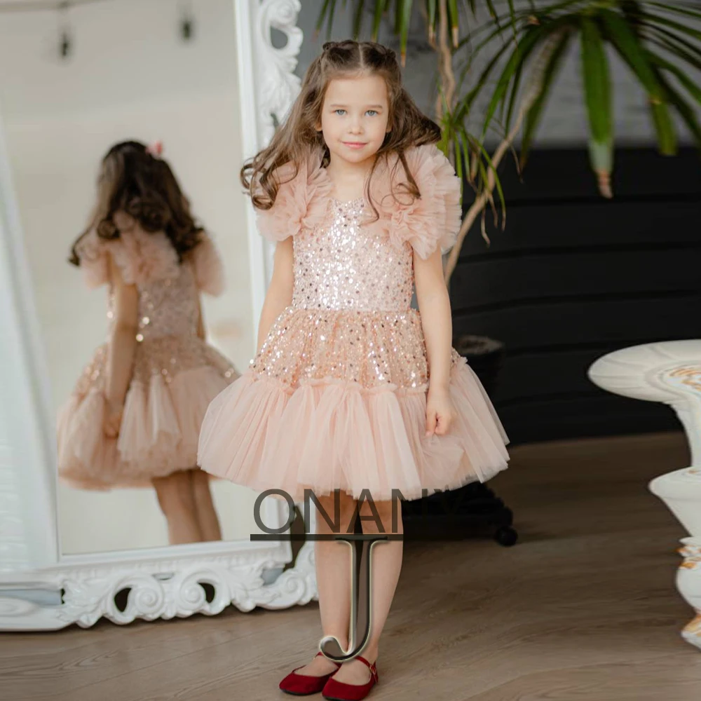 

JONANY Glitter Sequin Flower Girl Dress with Horn Sleeves Pleated Birthday Pageant Communion Robe De Demoiselle for Baby kids