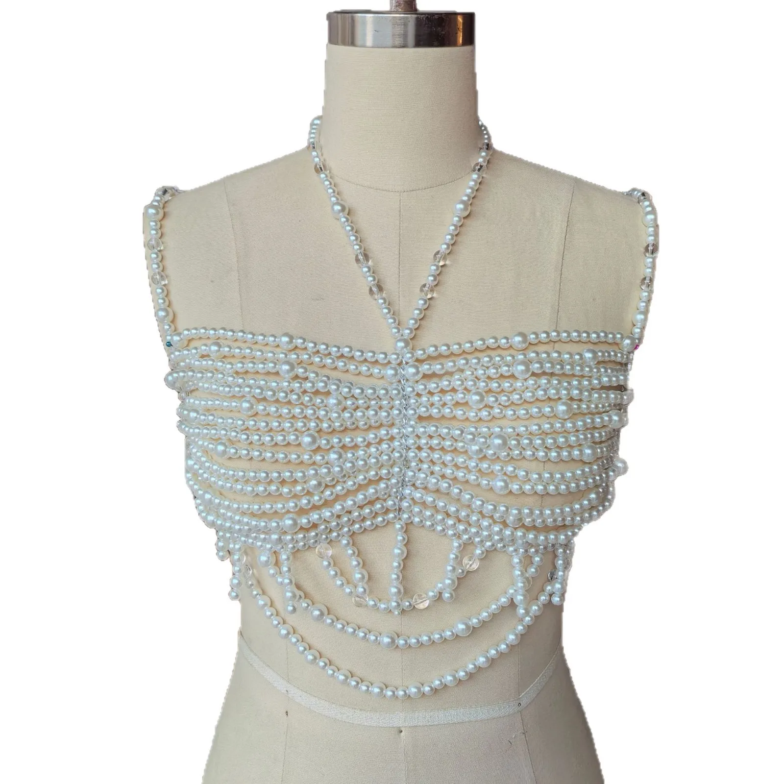 Handmade Embellished White Beaded Pearl Bra Body Chain Jewelry Bikini Cover Up Bridal Wedding Bralette Mermaid Pearl Top