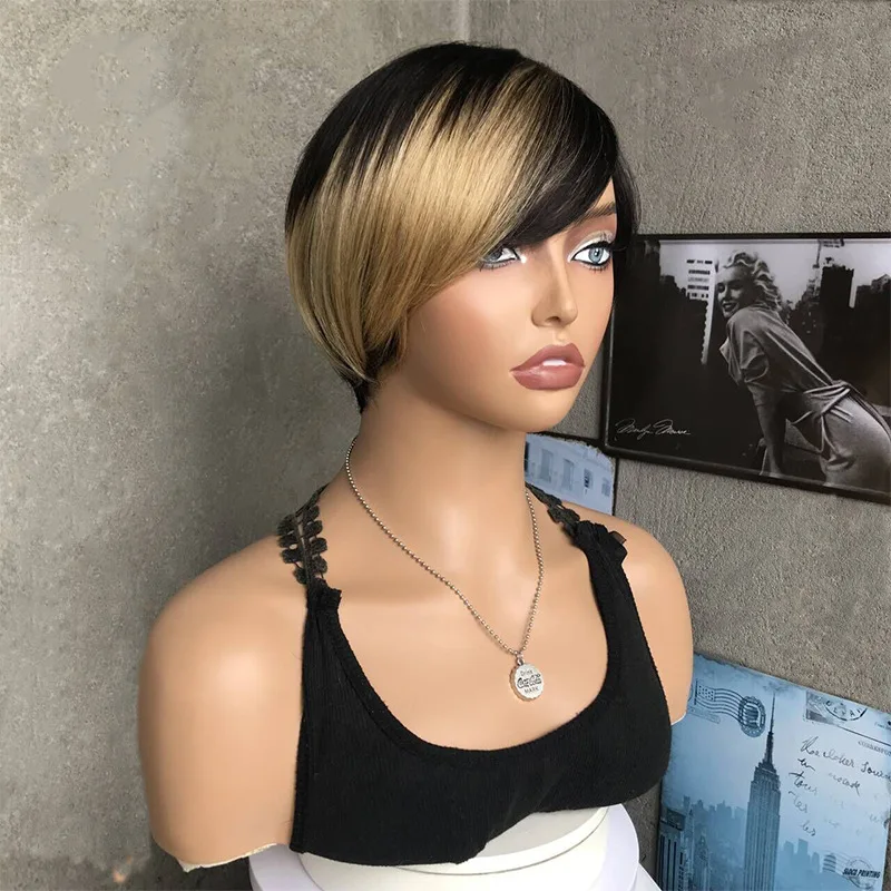 Peluca de corte Pixie ombré con flequillo, cabello humano virgen brasileño, pelucas hechas en Mahine, estilo Bob corto y recto para mujer