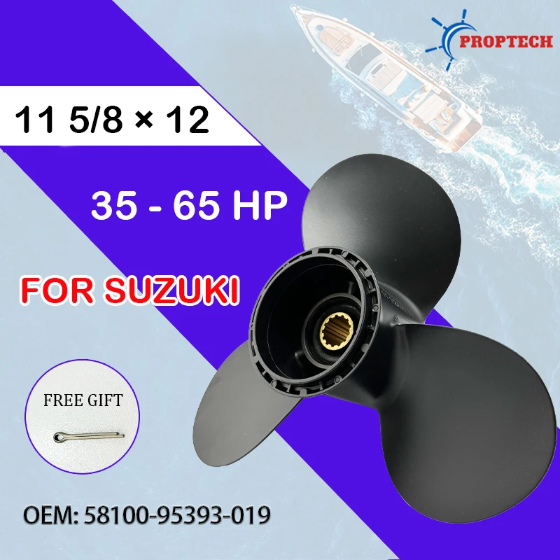 13 Spline Tooths 35-65HP Aluminum Alloy 3 Blades 58100-95393-019 11 5/8X12 Outboard Propeller Boat for SUZUKI Black