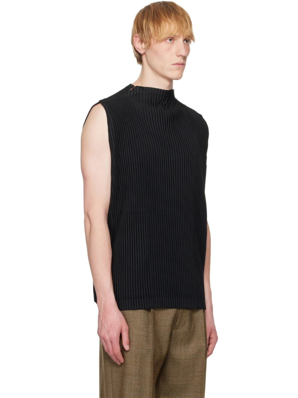 Men's Miyake Pleated High Neck Tank Top Side Split Sleeveless Vest Japanese Style Loose Fit Casual Streetwear
