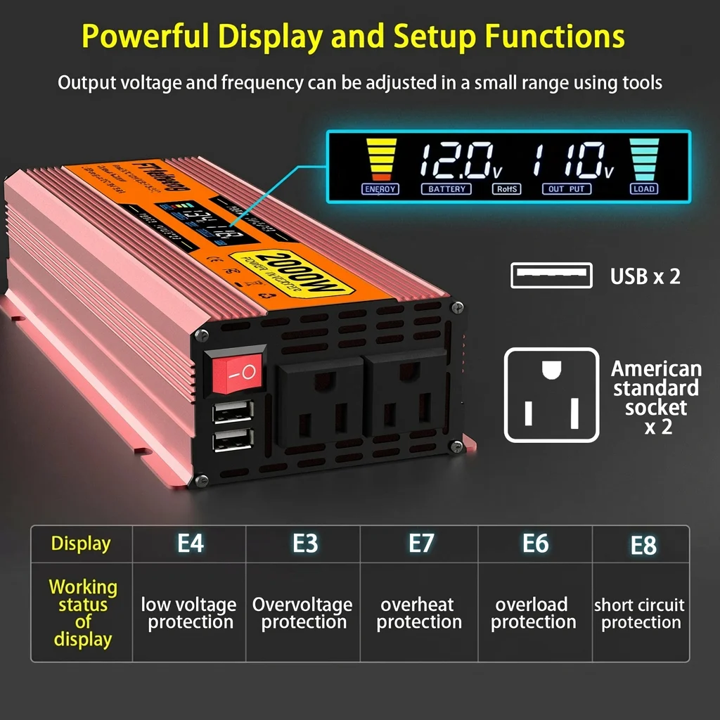 

Инвертор мощности 2000 Вт от 12 В до 220 В переменного тока с 1 розеткой, 2 USB-порта для автомобиля, автофургона, солнечной батареи, кемпинга, аварийной помощи