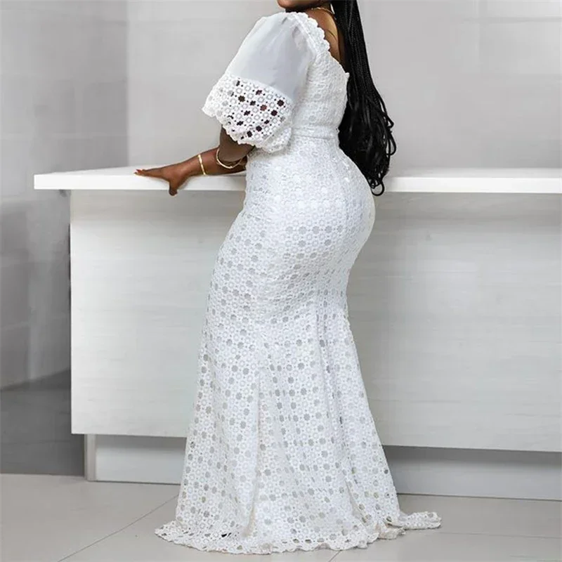 Witte Vrouwen Jurk Bodycon Lange Maxi Robe Afrikaanse Hoge Taille Trompet Femme Vestiods Plus Size Jurken S-5XL - afbeelding 2