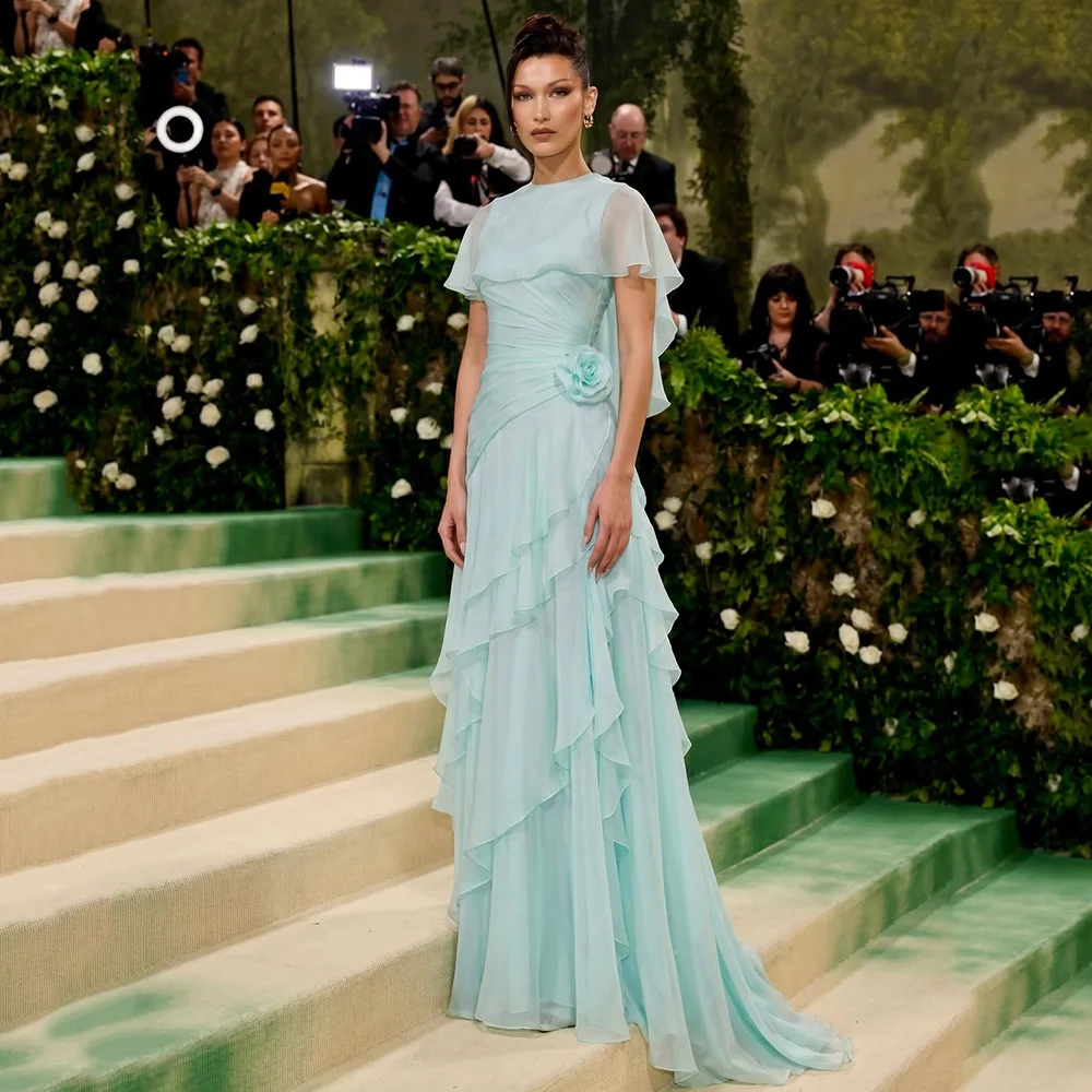 Msikoods Customized Light Blue Prom DressChiffon A Line Evening Dress Cape Women's Formal Gown Ruched 3D Flower Celebrity Gown