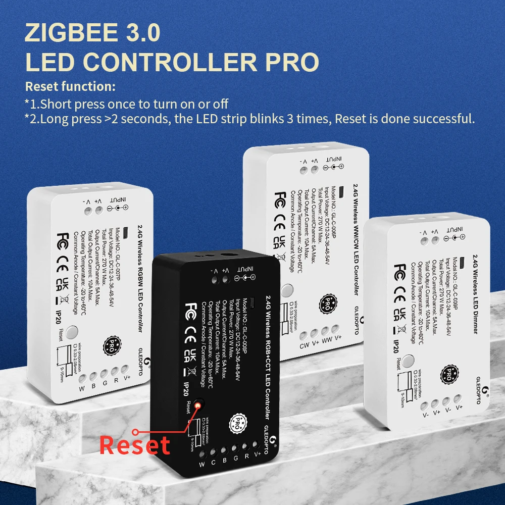 

GLEDOPTO ZigBee 3.0 RGBCCT LED Strip Controller Pro Reset Key Smart APP Voice Control Work with Alexa SmartThings 2.4G RF Remote