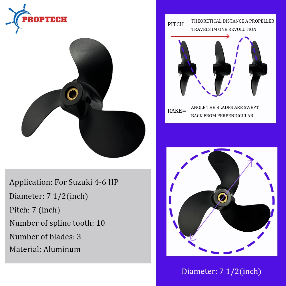 7 1/2 *7 Outboard Propeller For Suzuki 4HP 6Hp Motor Aluminum Alloy Screw 3 Blade 10 Spline Marine Engine Part 7.5×7