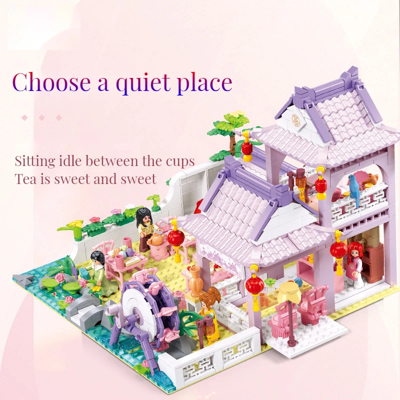 Sluban Chinese Courtyards Tea House Building Blocks Set City Friends Girls DIY House Bricks MOC Creative Construction Toys Gift