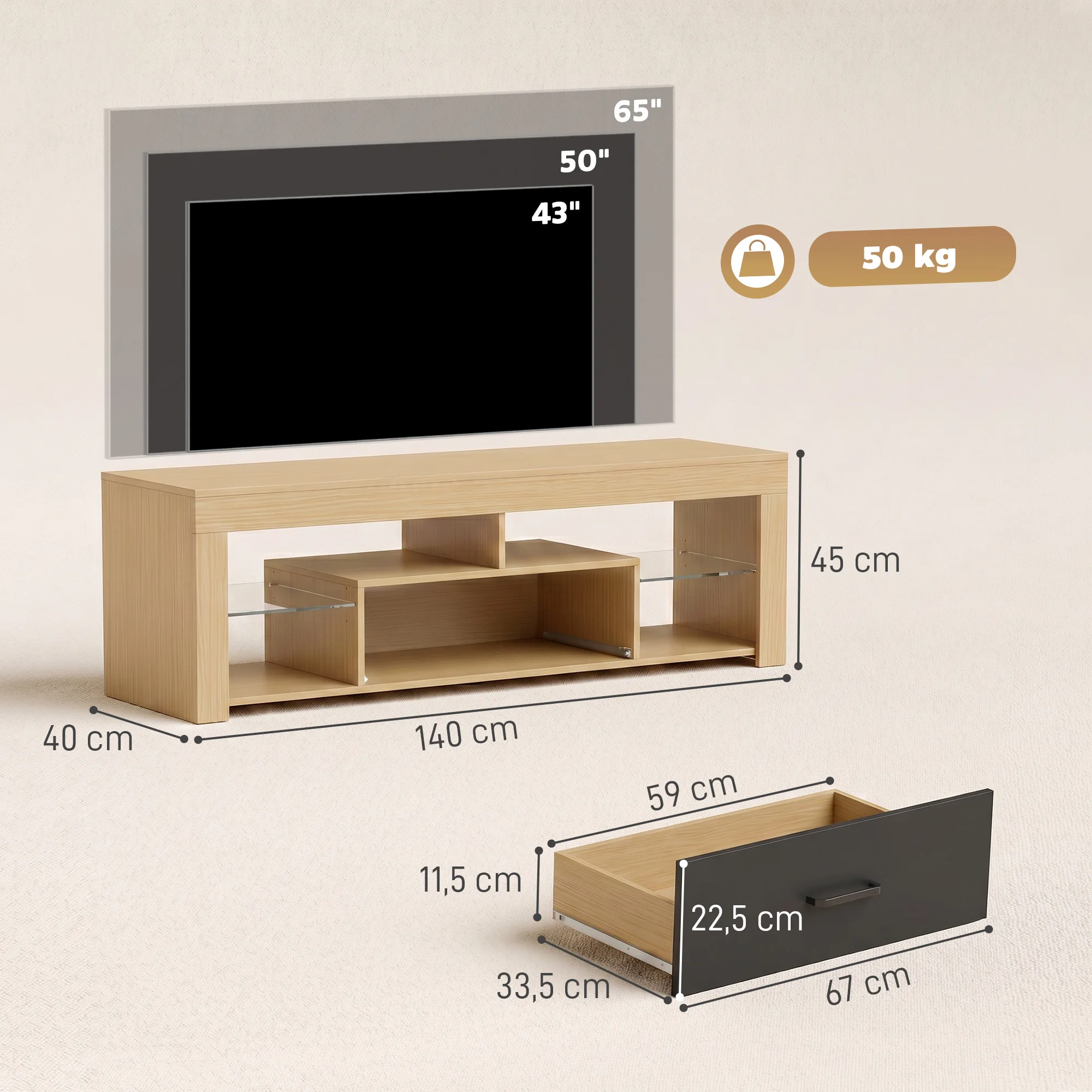 Soporte para TV con efecto madera, estantes de vidrio templado y cajón de almacenamiento, mesa consola multimedia moderna, centro de entretenimiento con exhibición abierta, mueble para TV para sala de estar y dormitorio, mueble para televisión de hasta 55 pulgadas