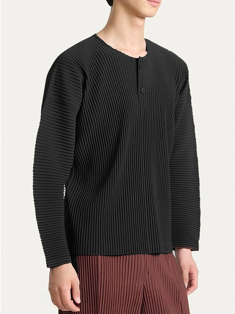 Miyake Pleated Men's Henley Neck T-Shirt Long Sleeve Casual Top Minimalist Fashion