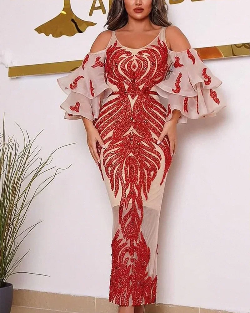 2022 neue Sexy aushöhlen schulter Streifen Gilded Hälfte ärmeln Abendkleid für frauen
