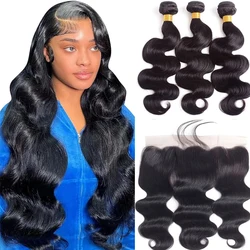 Human Hair Body Wave Bundles With 13x4 Transparent Lace Frontal 3 Bundles With Frontal With Extensions Weave for Women Brazilian