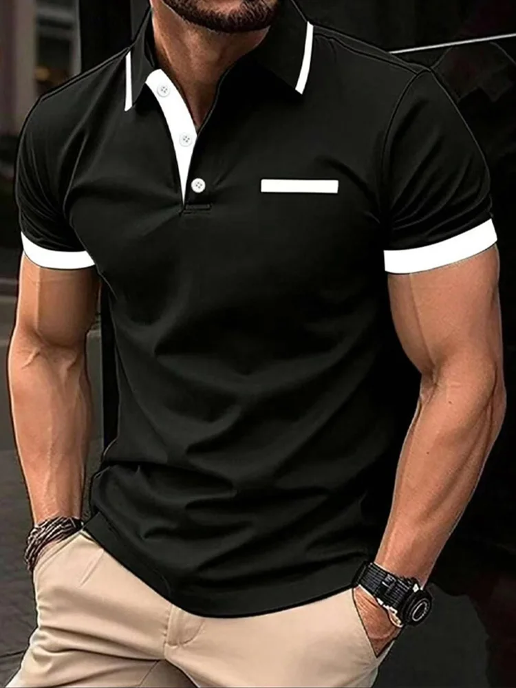 Men's Polo Shirt Fashion Business Casual Crew Neck Short Sleeve Formal Stripes Patchwork Summer Black T Shirt Men's Clothing image 2