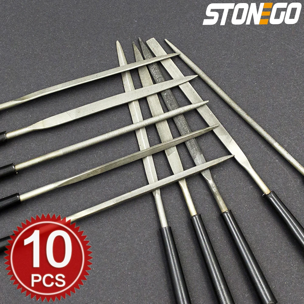 STONEGO 5PCS/10PCS 3x140mm 바늘 파일 세트 보석상 다이아몬드 조각 공예 도구 금속 유리 석재 손 도구