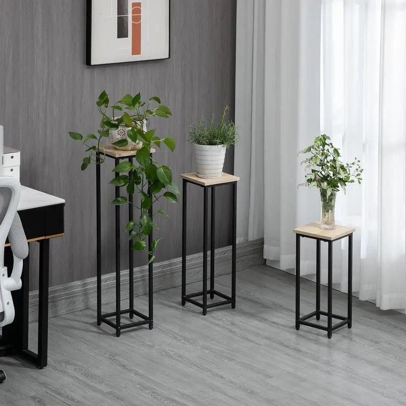 Lot de 3 supports pot de fleurs empilables en métal noir, 21x21x50/70/90 cm, idéal pour plantes et décoration