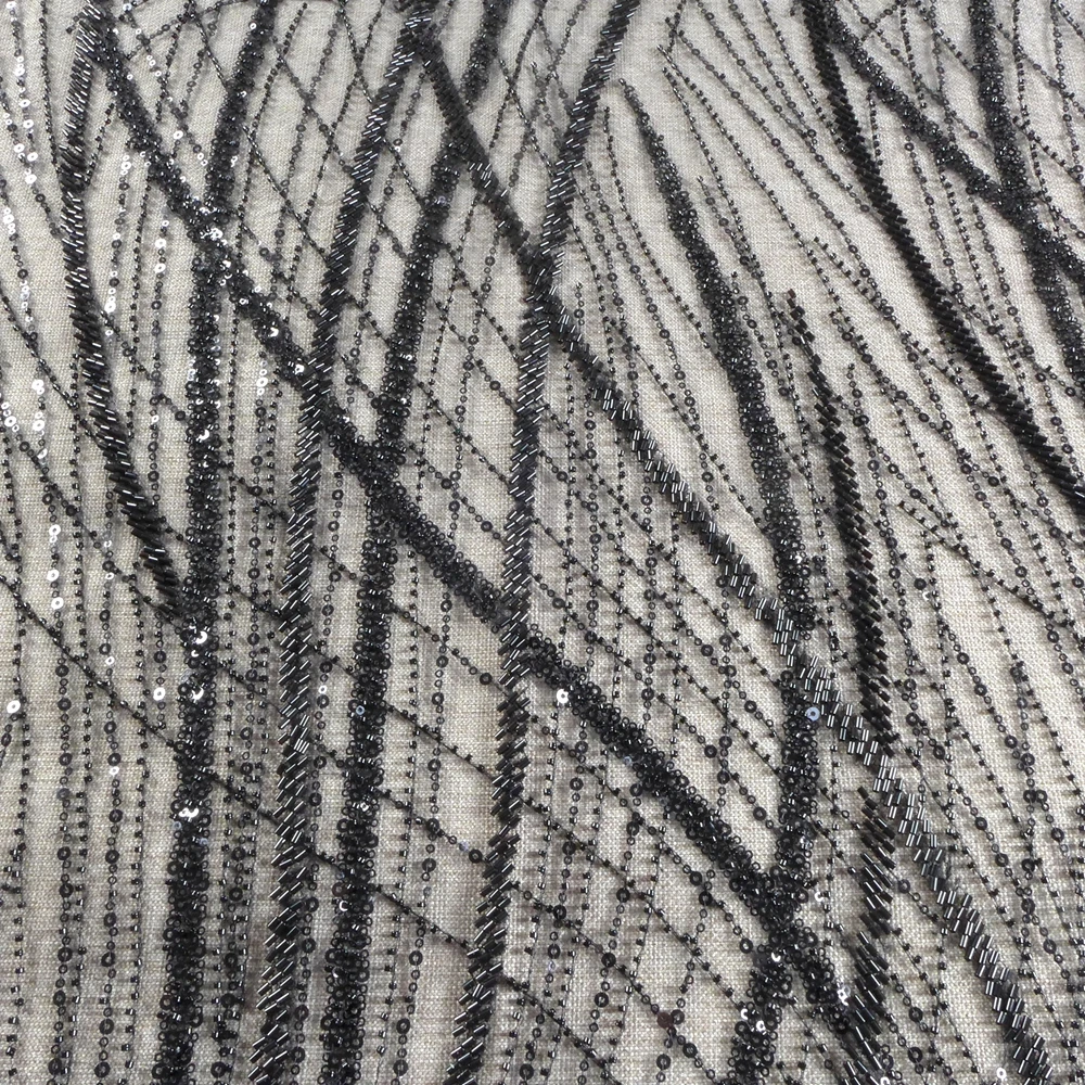 HelluyerDc Silver,black,gold Irregula lines heavy beaded lace fabric, embroidery for wedding prom dress fabric by the yard view 6
