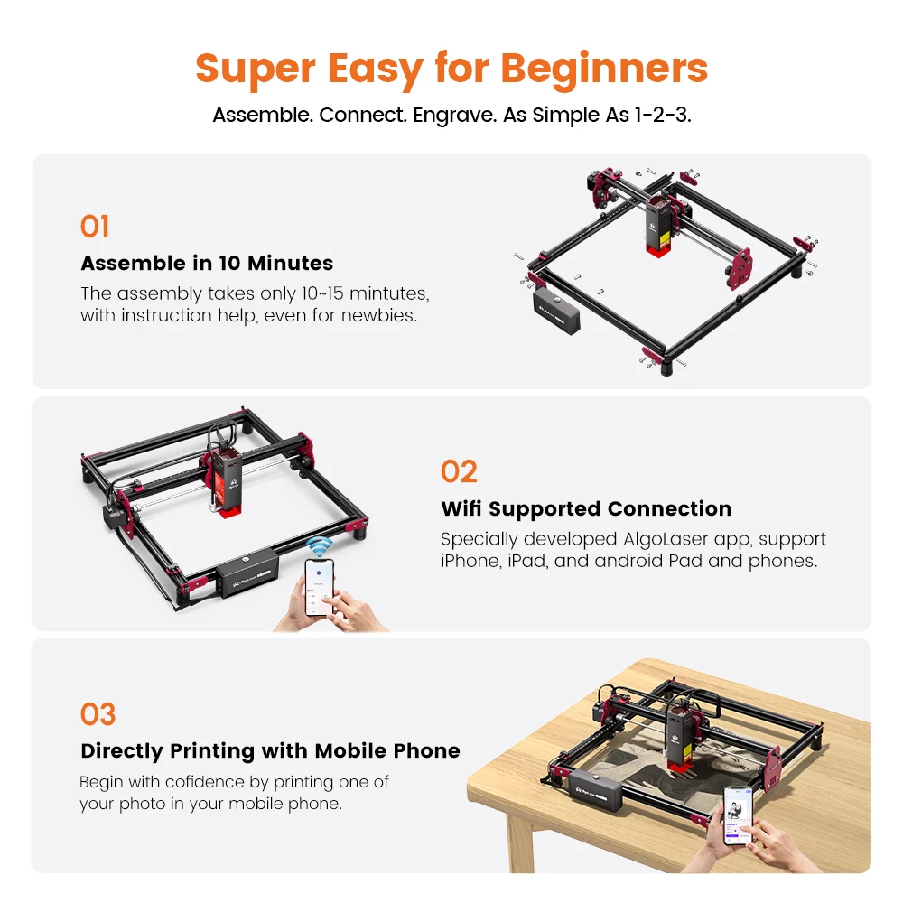 For Wood Algolaser DlY KIT Mini 5W 10W Laser Engraver Support WIFI 12000mm/min Speed Laser Engraving Machine 300x315mm Work Area