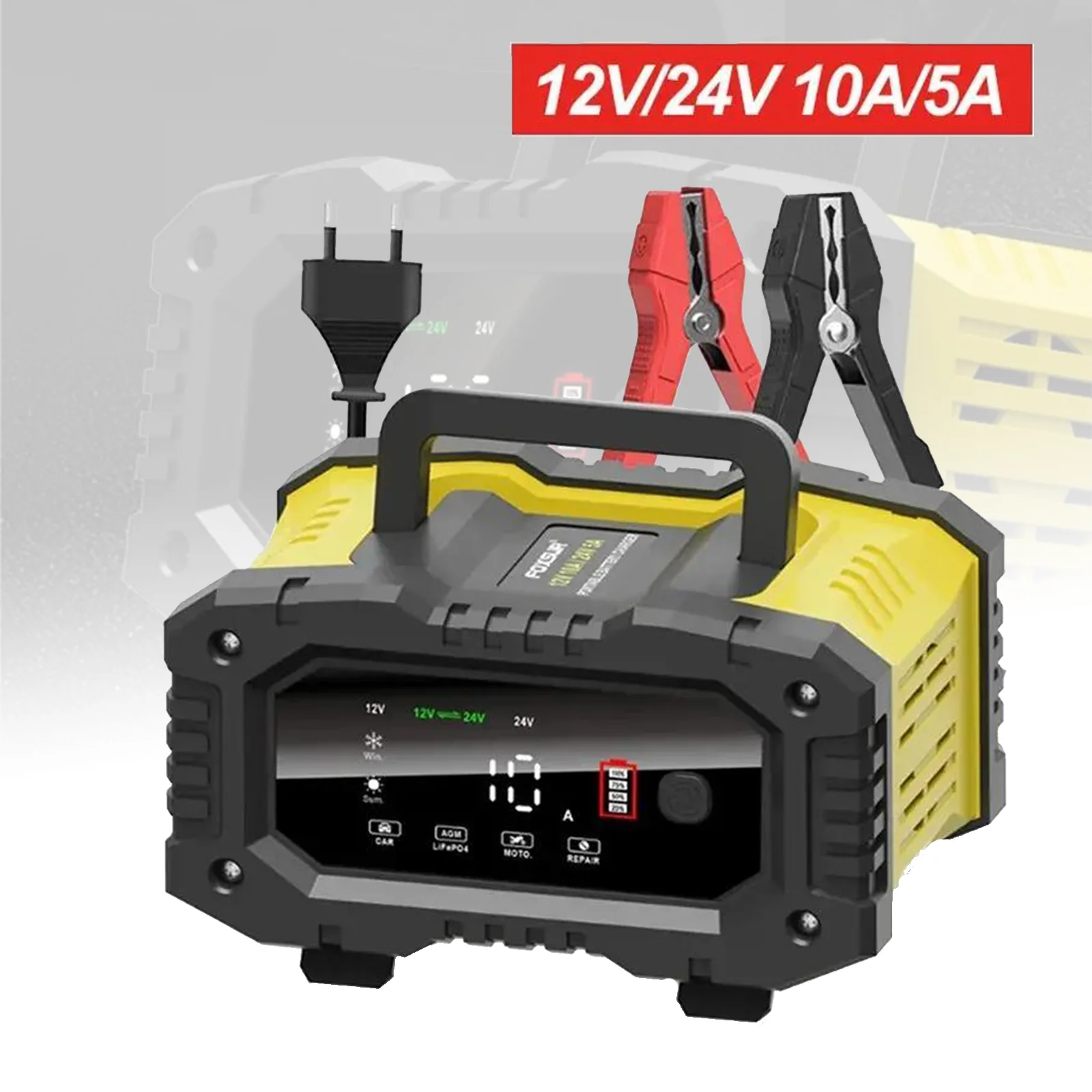 Chargeur de batterie intelligent 12V/24V pour voiture et moto, 10A/5A 20A/10A, avec affichage numérique, compatible Lithium, AGM, Plomb-acide Colloïdal, LiFePO4