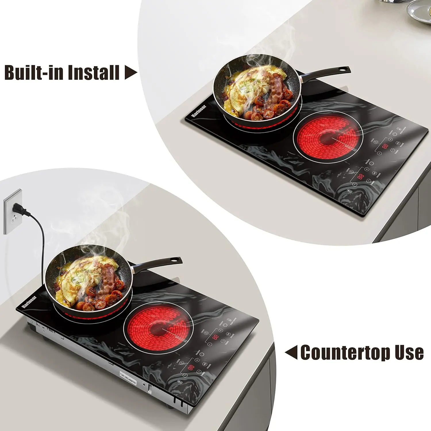 Karinear Portable Electric Cooktop 2 Burners, 110v Plug in Electric Stove Top, Countertop Use/Built-in Install, 12'' Ceramic hob