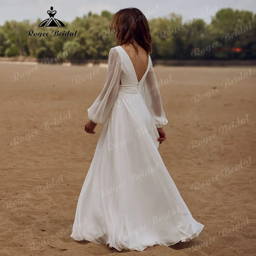 Rustic Long Sleeve Chiffon Split Side V Neck Wedding Party Dress for Women 2025 Boho Elopement Bridal Gown Customized vestidos