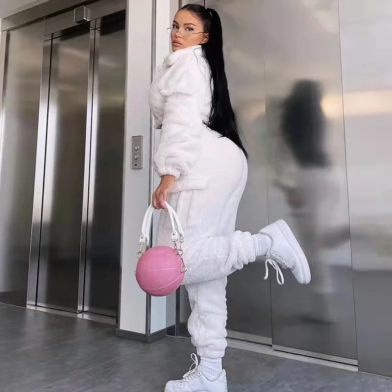 Moda dresy 2 sztuka ustawia kobiety stroje odzież sportowa w stylu Casual bluza + spodnie dresowe białe pluszowe ciepłe klapy z zamkiem błyskawicznym sweter — zdjęcie 2
