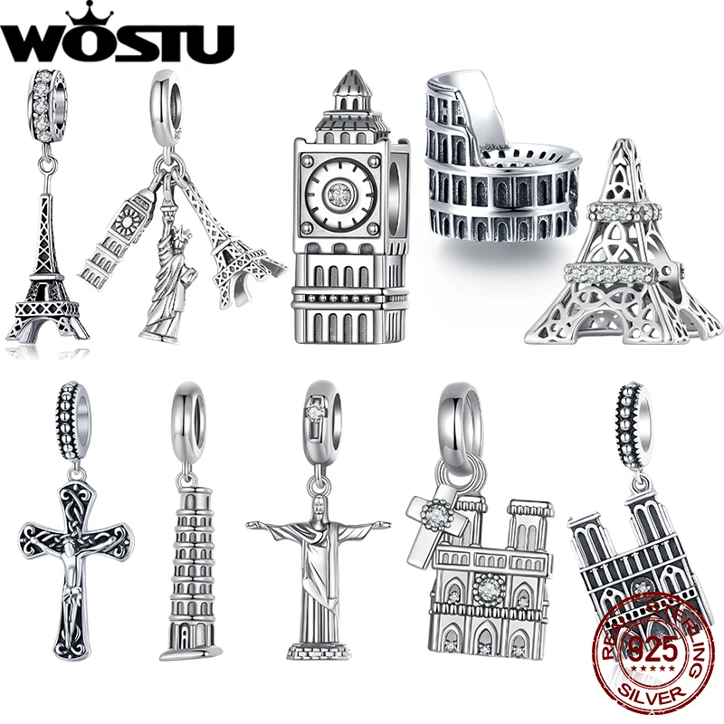 WOSTU 925 Sterling Silver World Famous Building Charms Big Ben ciondolo torre di Pisa Fit braccialetto originale creazione di gioielli fai da te