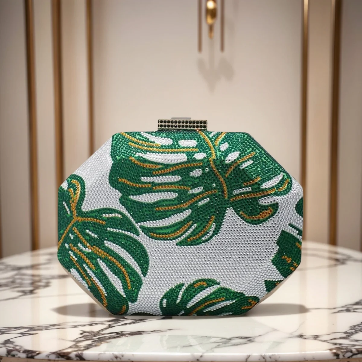 

Elegant Women Leaves Pattern Rhinestone Bag Chic Crystal Box Clutch Formal Evening Party Handbag for Cocktail Banquet