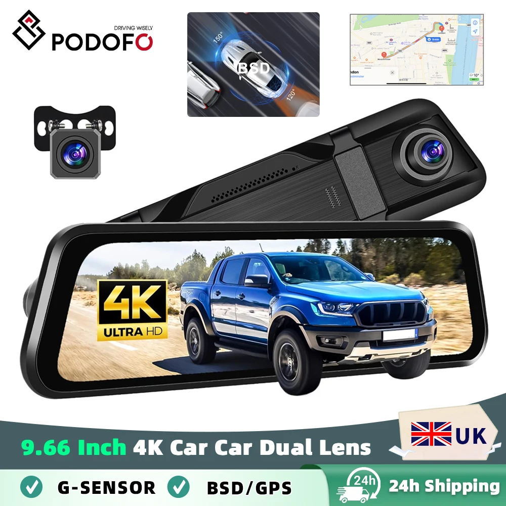 Podofo 4K Dash Cam 9.66" Stream Rearview Mirror Dashcam Camera Drive Recorder Video Recorder Touch Screen WIFI Dual Lens