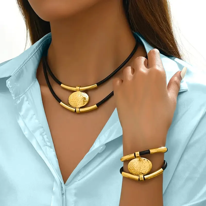 

Boho Chunky Oval Pendant Necklace & Bracelet Set – Retro Leather Cord Jewelry for Women