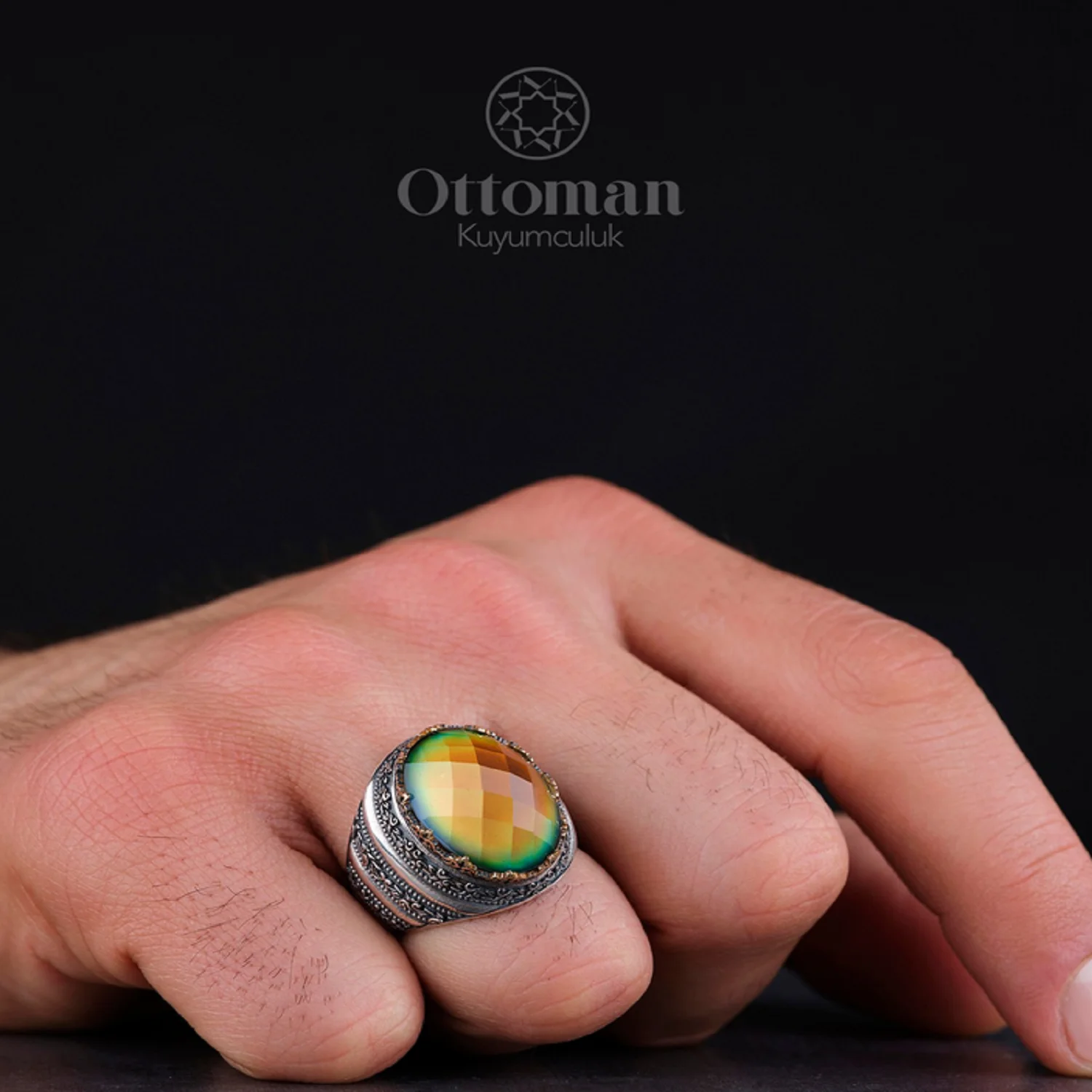 Handmade Emotion Stone Oval Sterling Silver Men's Ring, The Best Gift Beautiful Color Changing Emotion Stone Silver Band