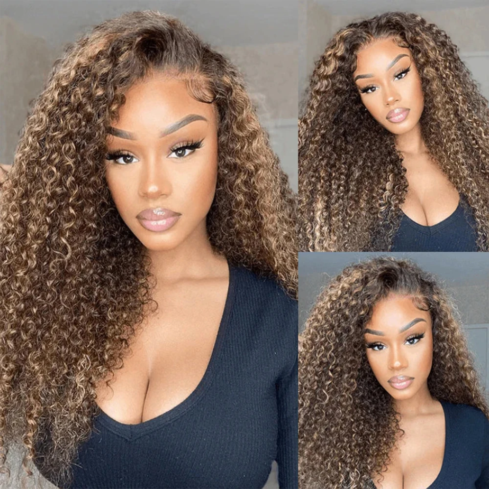 210% Density Highlight 13x4 Transparent Lace Front Wig Ombre Honey Blonde Water Curly Lace Frontal Wigs For Women Pre Plucked